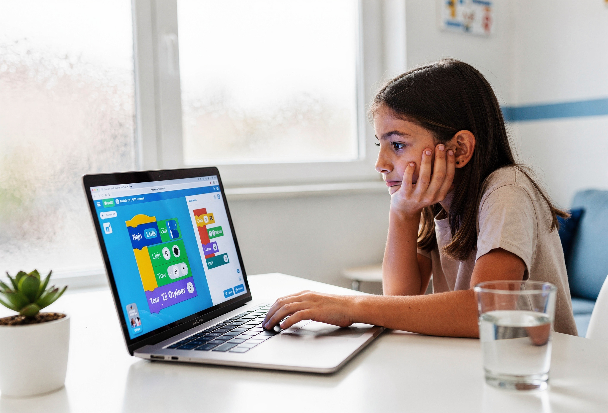Evde laptop başında kodlama dersi çalışan kız çocuğu