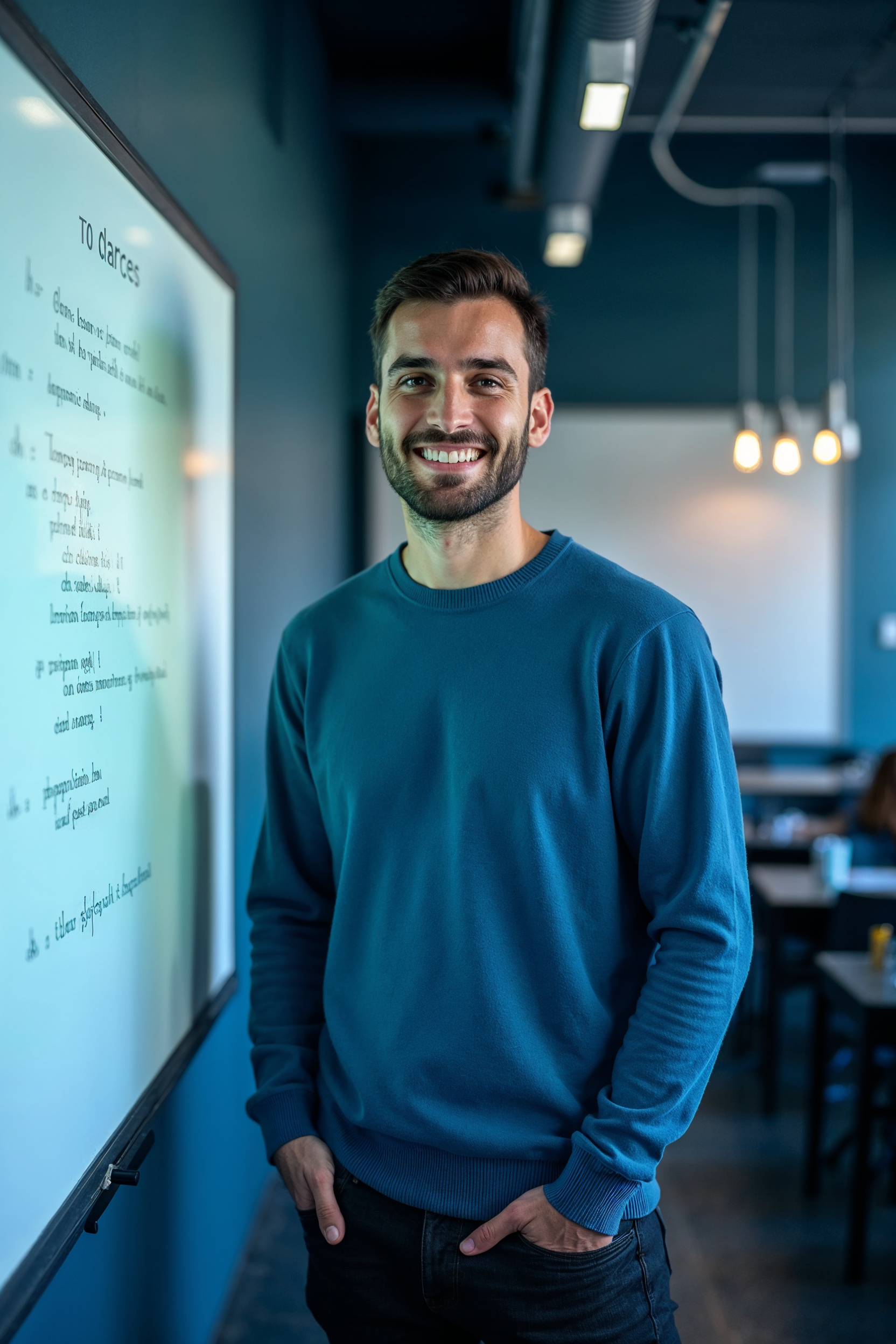 Genç erkek Python eğitmeni tahtanın önünde duruyor