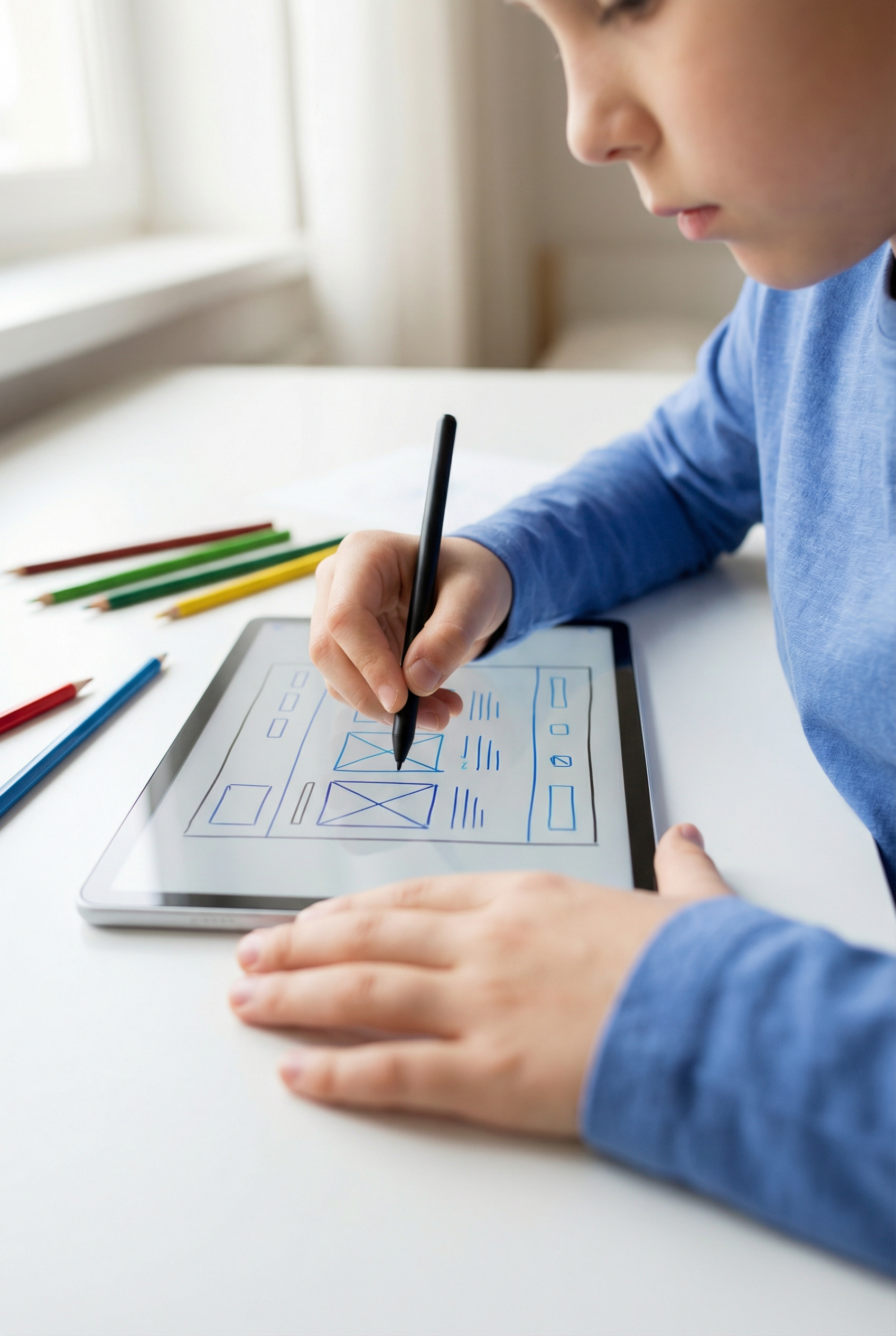 Çocuk tablet üzerinde web tasarımı wireframe çizimi yapıyor